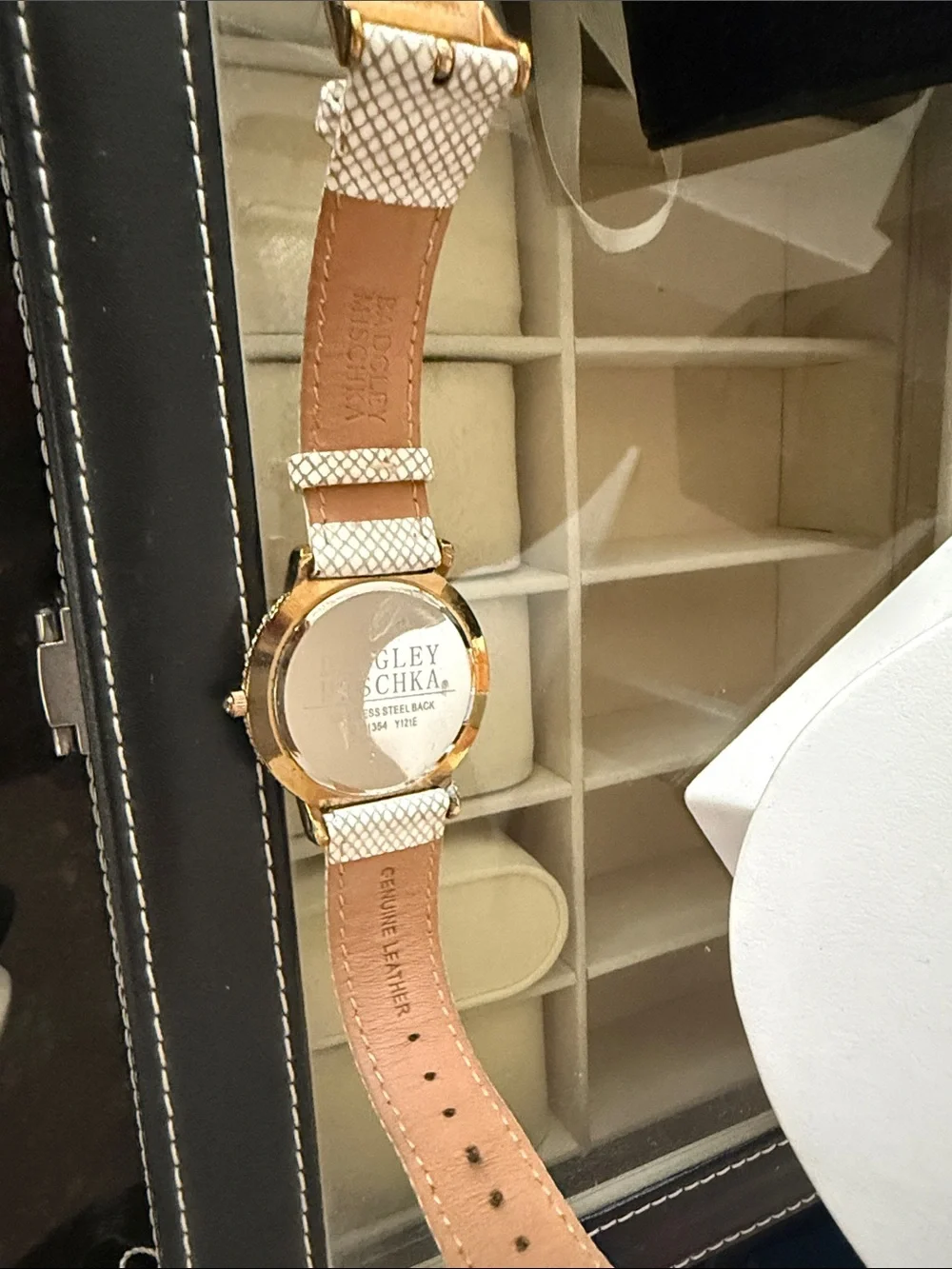 Badgley Mischka Rose Gold-Tone Crystal Accent Watch with White Strap